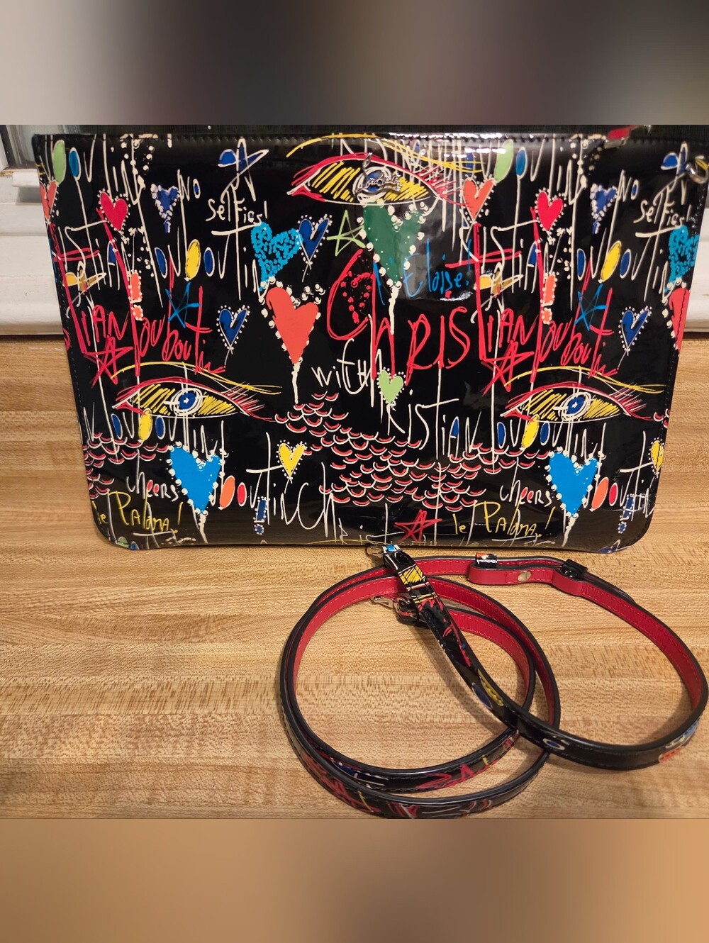 Christian Louboutin NWOT Black graffiti Large Clutch/Crossbody